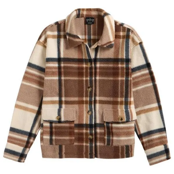 Women's Cropped Button Front Polar Fleece Plaid Jacket