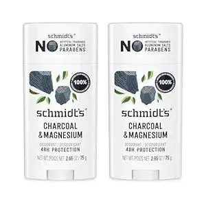 Schmidt's Aluminum-Free Vegan Deodorant Charcoal & Magnesium with 48 Hour Odor Protection, 2 Count for Women and Men, Natural Ingredients, Cruelty-Free, 2.65 oz, Pack of 2