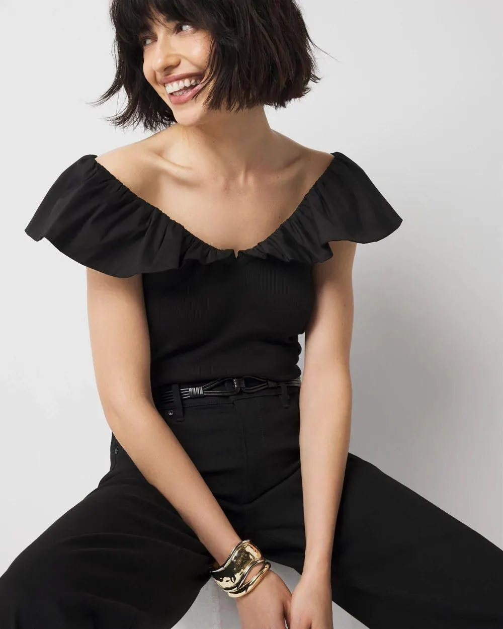 Ruffle Poplin Knit Top