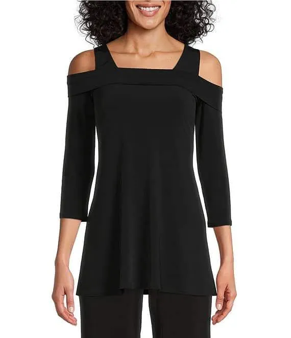 Solid Knit Jersey Off-the-Shoulder Wide Shoulder Strap 3/4 Sleeve Tunic