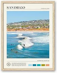 HesenDot Natural OAK Wood San Diego Surfing Framed Wall Art,12x16in Natural Seascape Canvas Wall Print,Classic Urban Landmark Wall Decor for Living Room,Bedroom,Office Gallery Gifts Set of 1