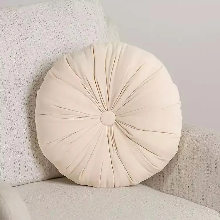 Round Ivory Velvet Tufted Pillow