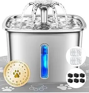 Veken Innovation Award Winner Stainless Steel Cat Water Fountain, 95oz/2.8L Automatic Pet Fountain with 6 Replacement Filters & 6 Pre-Filter Sponges & Silicone Mat for Cats, Dogs (Silver)