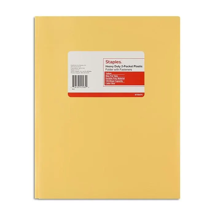 Staples Matte 2-Pocket Plastic Portfolio Folder with Fasteners,