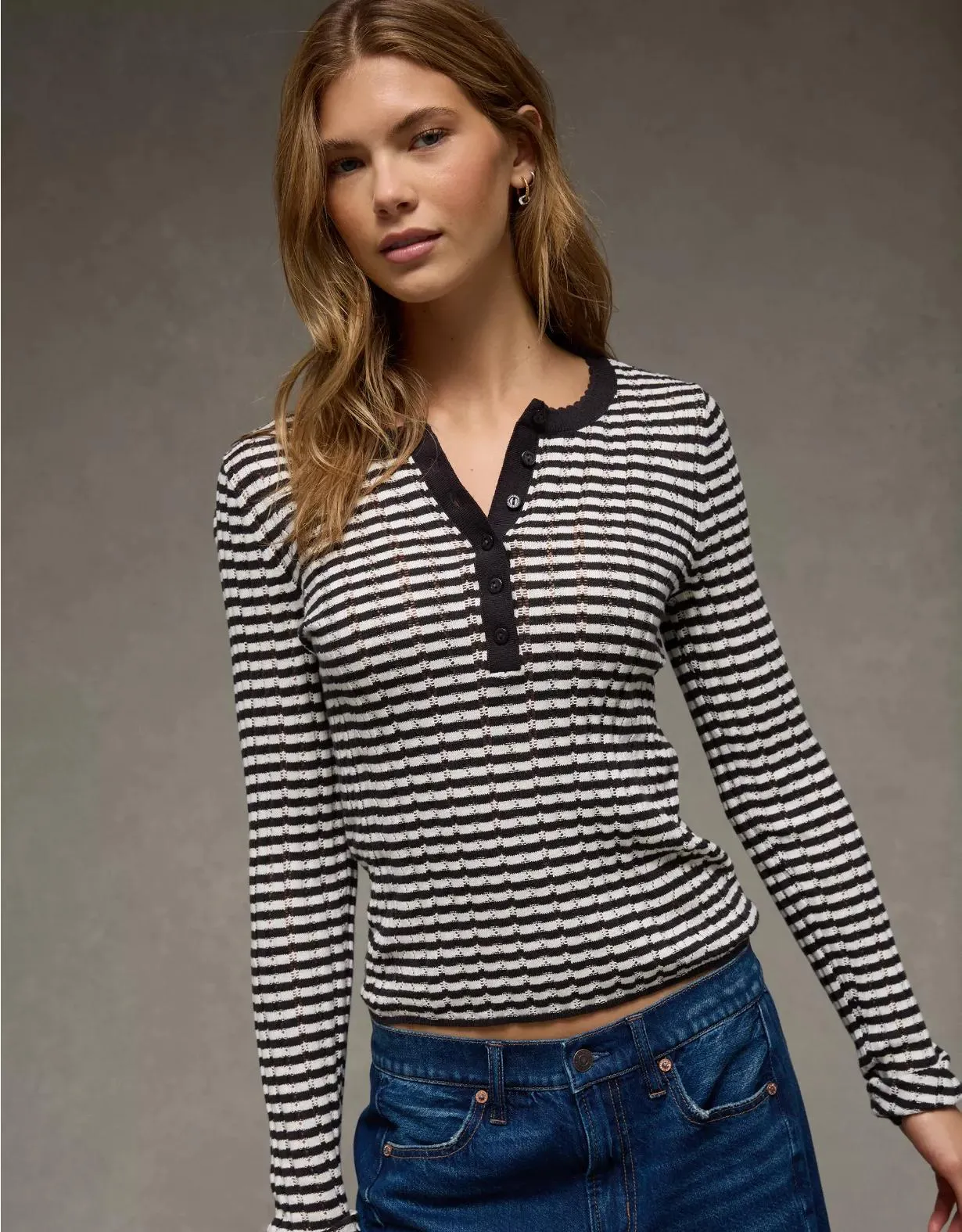 AE Pointelle Henley Sweater Top