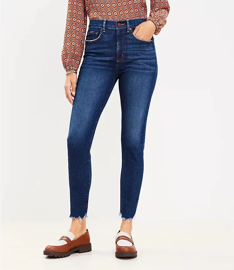 Chewed Hem High Rise Skinny Jeans in Dark Vintage Wash