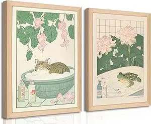 Set of 2 Japanese Bathroom Wall Art Framed Canvas with Cats & Frogs, Wooden Frame, Abstract Nature Poster Prints for Bathroom Decor, Minimalist Zen Painting Art for Home & Spa (12" W*16" H*2piece)