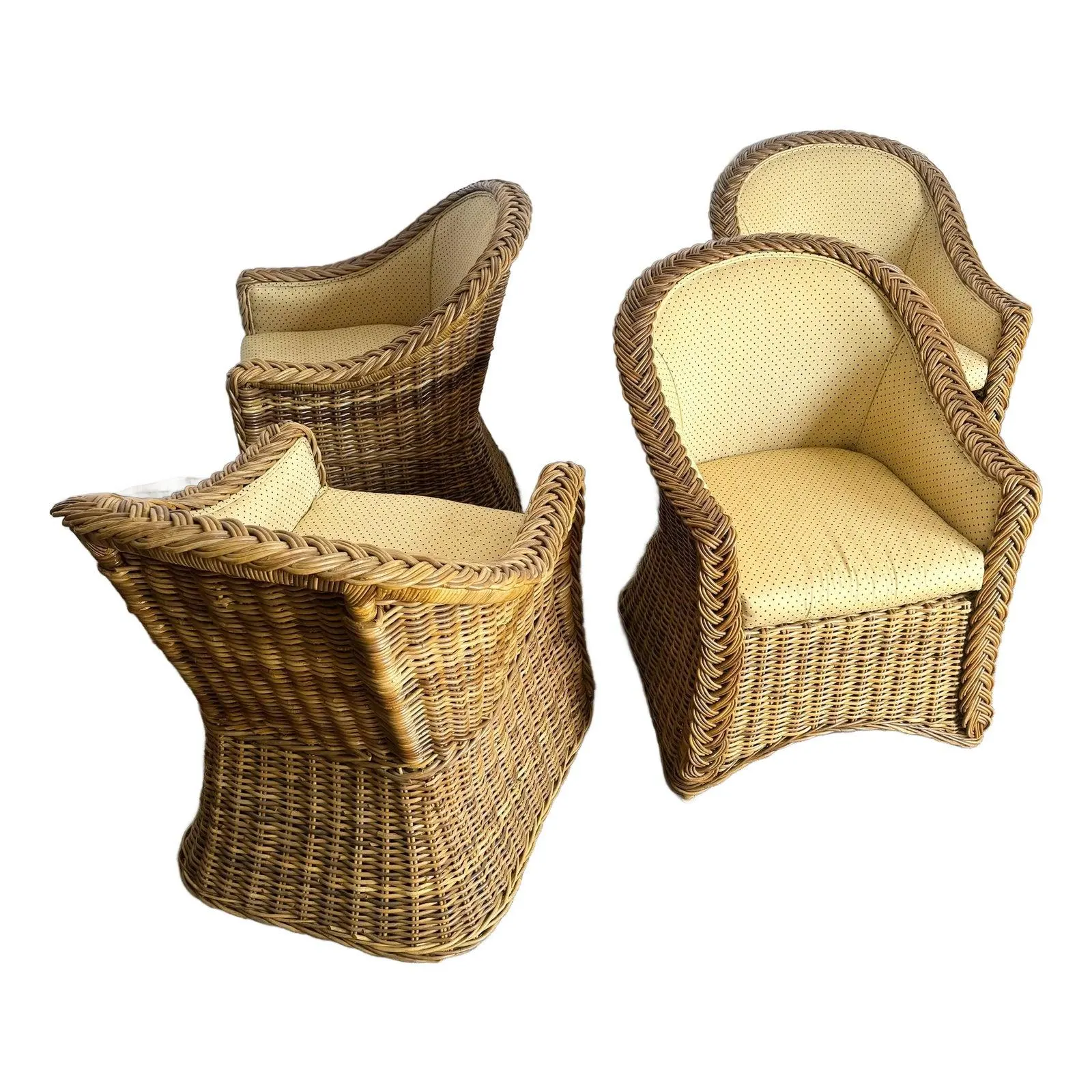 Vintage Boho Chic Woven Wicker Dining Arm Chairs - Set of 4