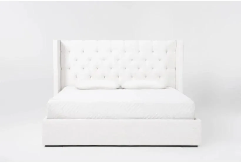 Vera Dream Cream Diamond Tufted 52"H Beige Fabric Queen Upholstered Shelter Platform Bed