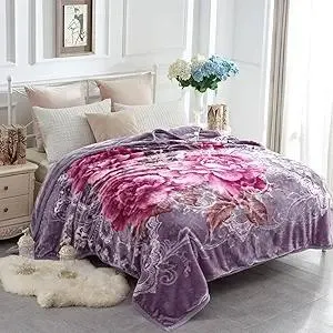 JYK Korean Faux Mink Fleece Blanket 83" X 91", 5.7 LB - 2 Ply Reversible Soft Warm Plush Flannel Blanket, A&B Pattern Printed Embossed Microfiber Blanket, (Light Purple Peony/Peony, King)
