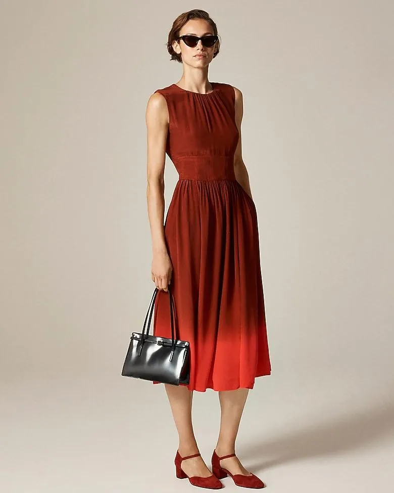 Cinched-waist midi dress in dip-dyed crepe de chine