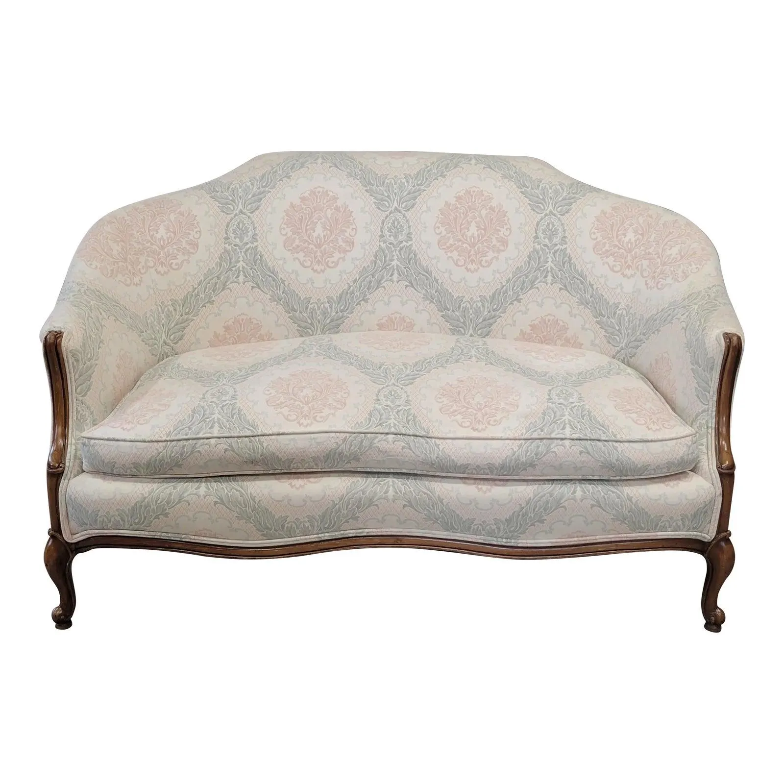 Vintage Damask French Style Camelback Loveseat With Down Cushion and Blush / Sage Upholstery