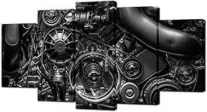 VVOVV Wall Decor - 5 Piece Canvas Prints Engine Engineering Closeup Gear And Chain Black And White Photos Wall Art Modern Home Decor Stretched and Framed Ready to Hang(60inchx32inch)
