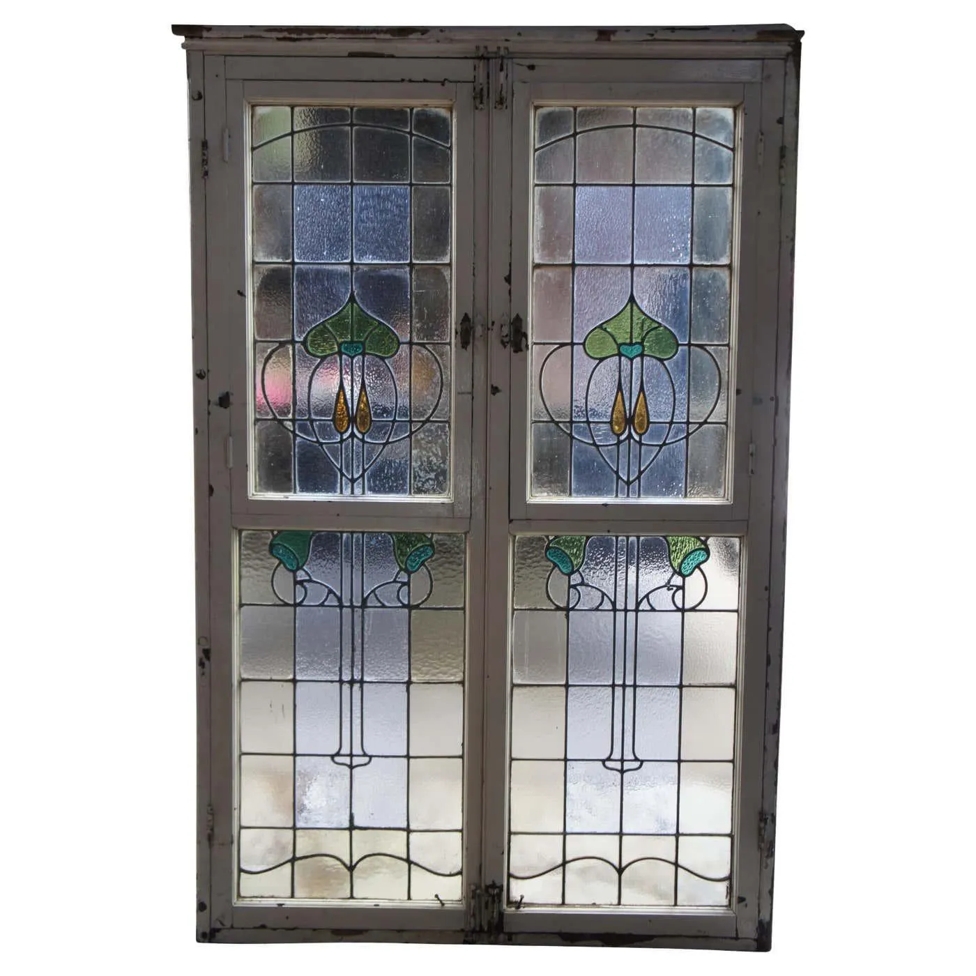 Monumental Antique Victorian Art Nouveau Leaded Stained Glass Window French Door