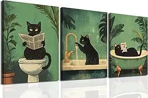 Funny Bathroom Black Cat Wall Art Set of 3, Cute Animal Wall Decor Maximalist Pet Cat Canvas Poster Prints Aesthetics Whimsical Quirky Room Decor Pictures Framed 12x16 inch