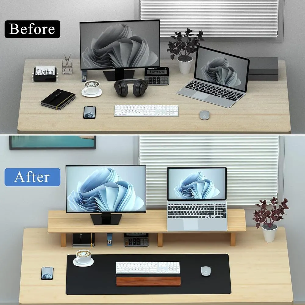 Great Choice Products Large Dual Monitor Stand Riser, Solid Wood Desk Shelf With Eco Cork Legs For Laptop Computer/Tv/Pc/Printers, Perfect Desktop …