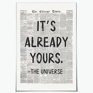 Black And White Retro Newspaper Wall Art Trendy Inspirational Universe Quote Poster It'S Already Yours Positive Affirmation Print Preppy Aesthetic Room Apartment Bedroom Decor 8x12inch Unframed