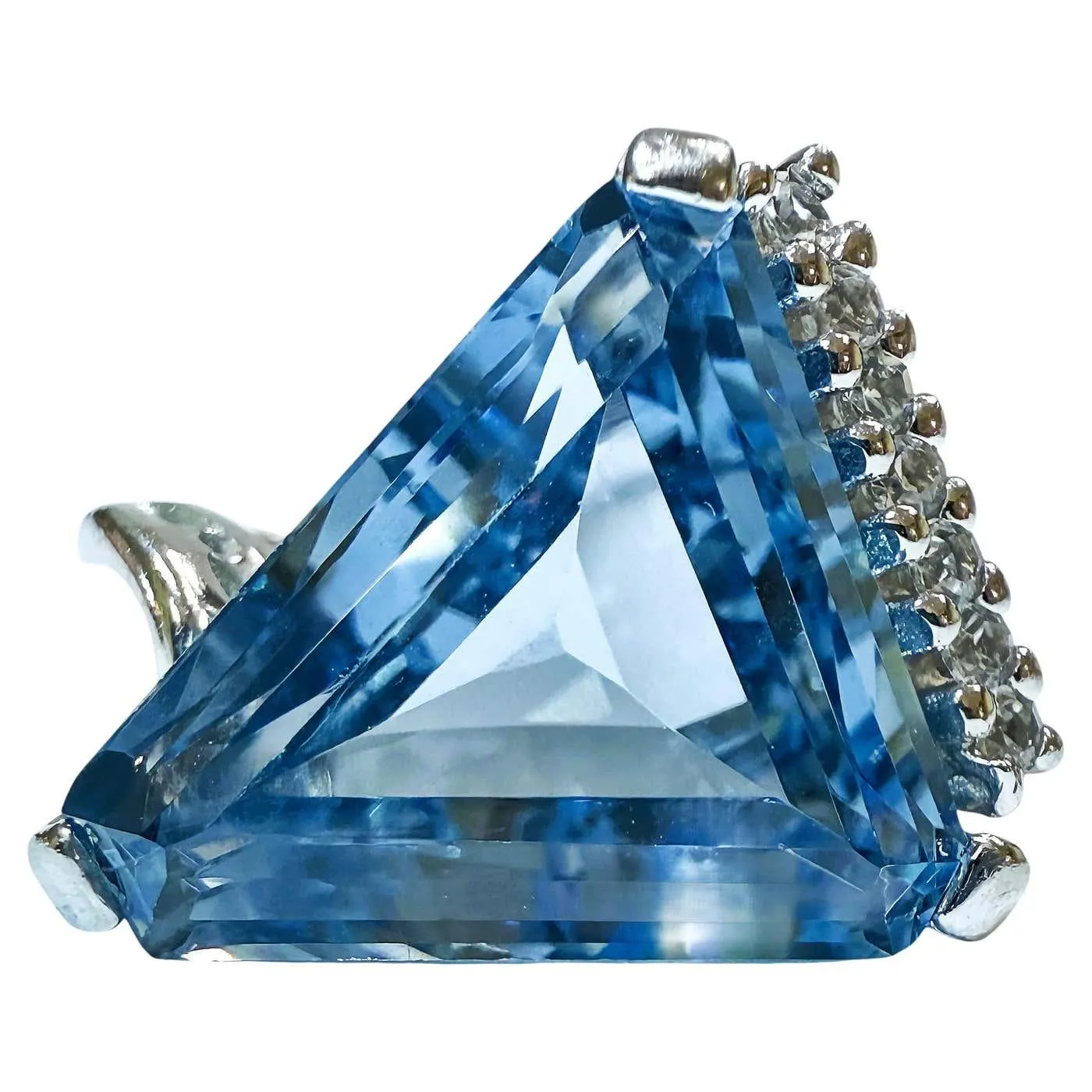 14k White Gold 6 Carat Trilliant Aquamarine & Diamond Cut White Topaz Ring