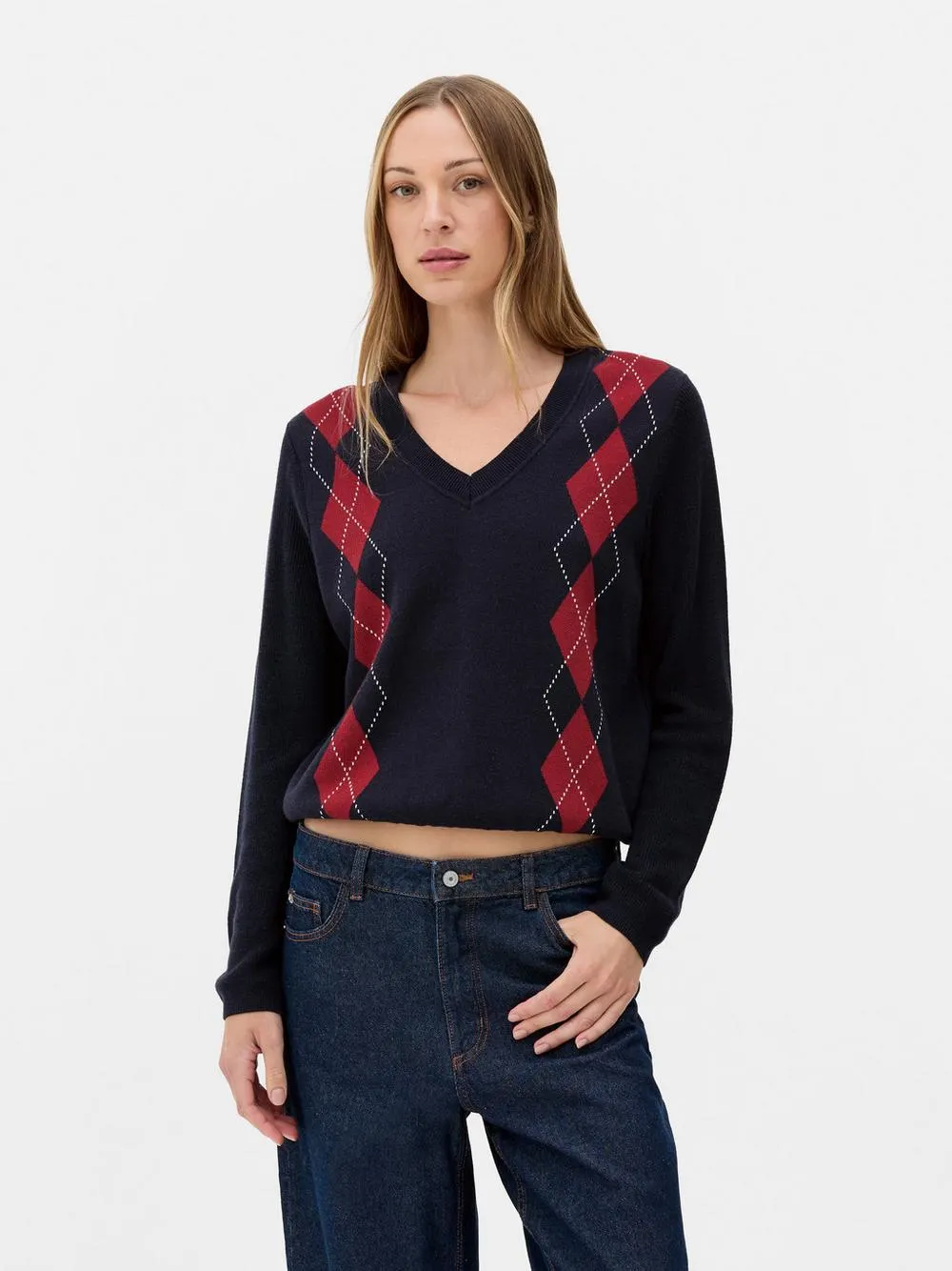 Rita Ora V-Neck Argyle Sweater