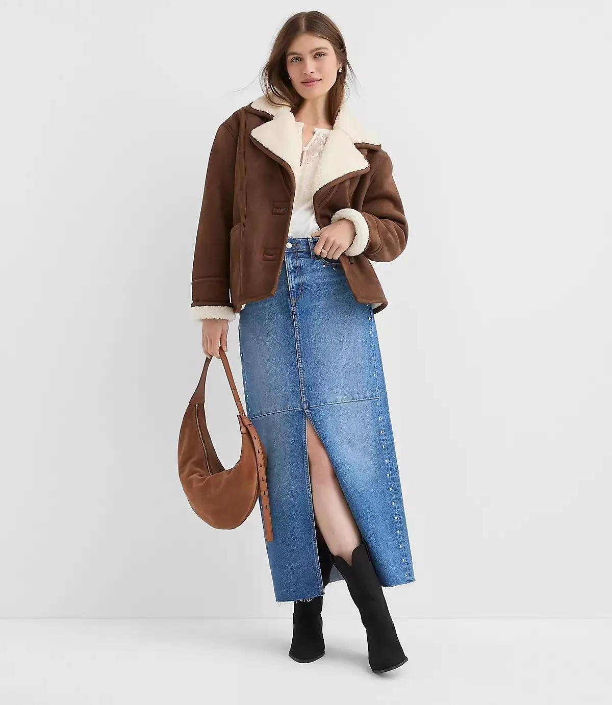 Studded Denim Maxi Skirt in Classic Mid Wash