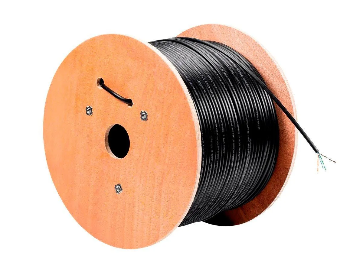 Monoprice Cat5e 1000ft Black Outdoor Bulk Cable, Gel-filled Direct Burial, Solid, UTP, 24AWG, 550MHz, Pure Bare Copper, Spool, No Logo, Outdoor Bulk Ethernet Cable
