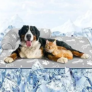 MH MYLUNE HOME Dog Cooling Mat with Supportive Pillows, 44"x32" Arc-Chill Fiber & Endothermic Color Changing Self Cooling Pad, Foldable & Washable Non-Toxic Summer Pet Blanket