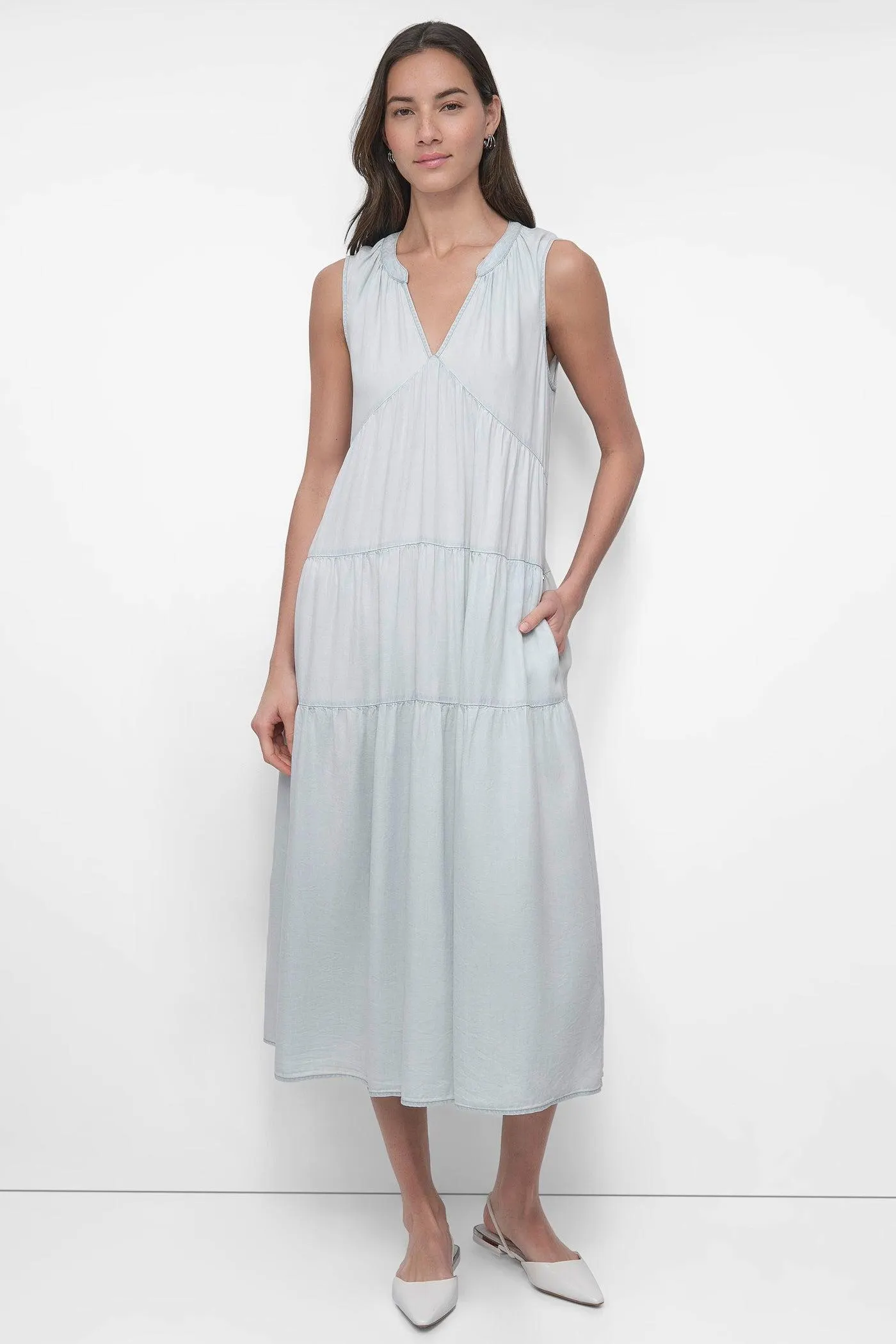 TENCEL TIERED MIDI SWING DRESS