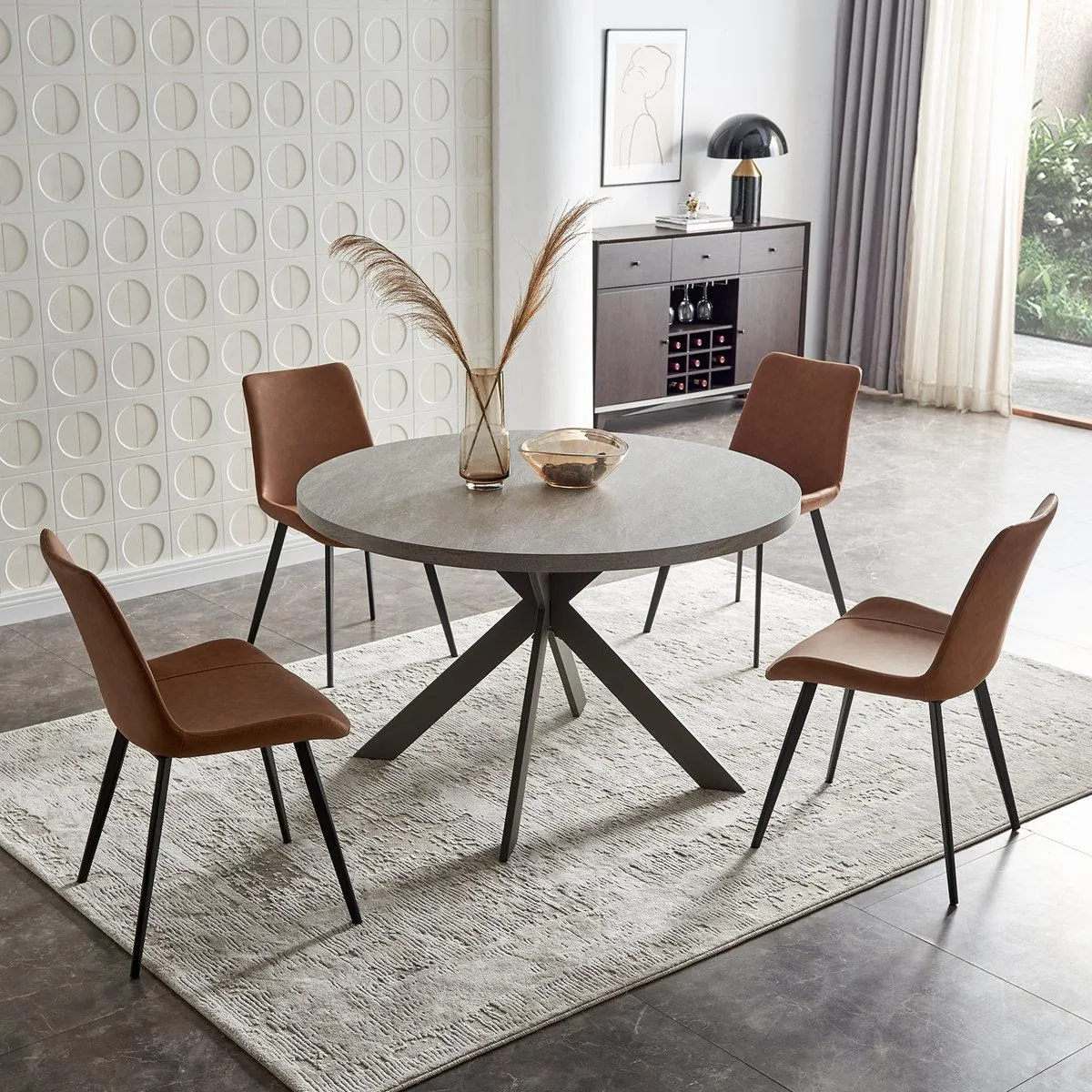 46'' Round Dining Table Set, Modern Kitchen Table for 4 Person, Steel Legs, Pedestal Dining Set with 32.4"H Dining Chair, Saving Space