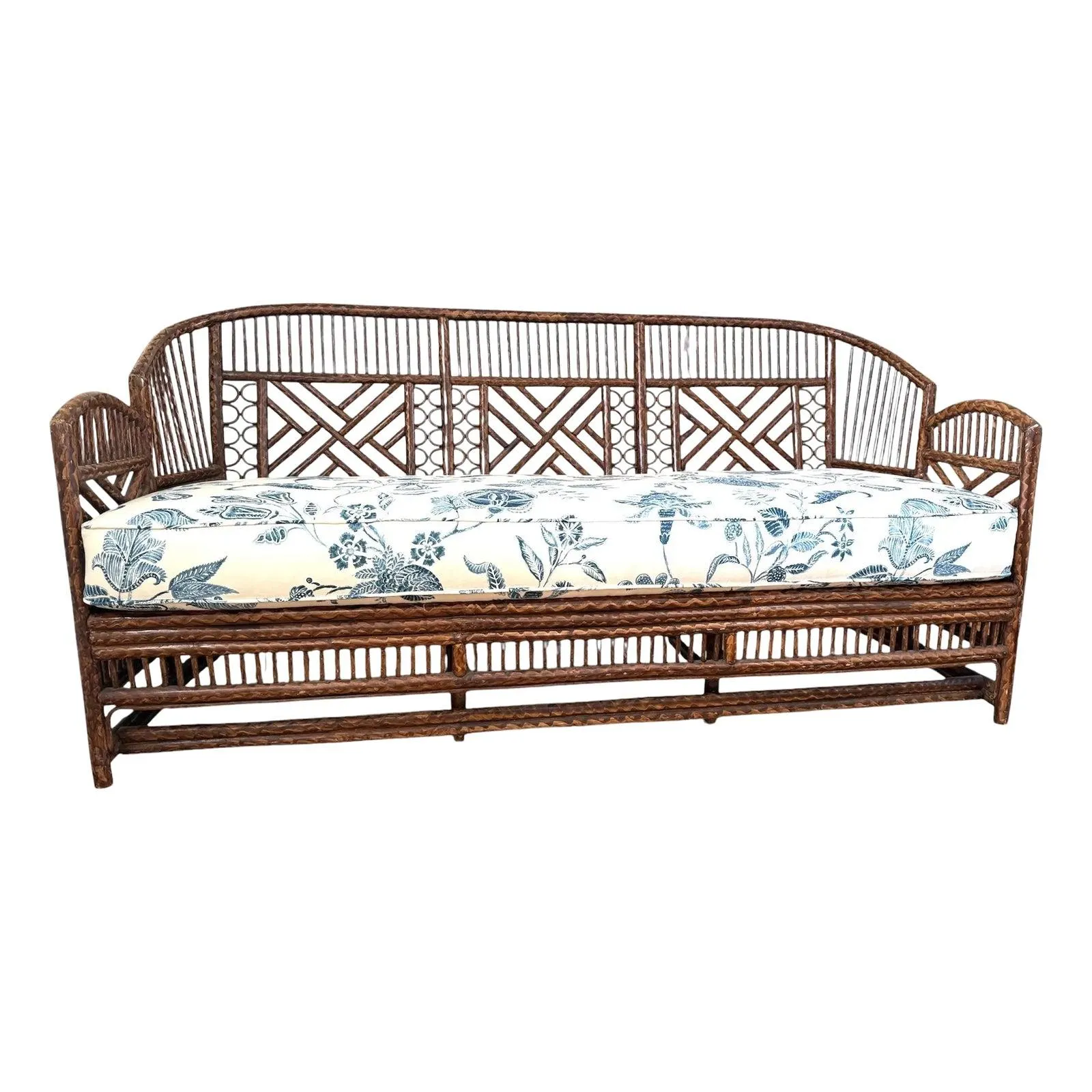 Brighton Fretwork Tortoise Rattan Sofa Carolina Irving Cushion