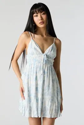 White Floral Print V-Neck Self Tie Mini Dress