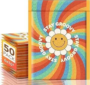 Metronic Bubble Mailers 6x10 Inch 50 Pack Usable Size 6x9" Colorful Sunshine Style, Cute Bubble Mailers Waterproof Padded Envelopes Mailing Envelopes Bubble Padded for Shipping Gift, Small Items