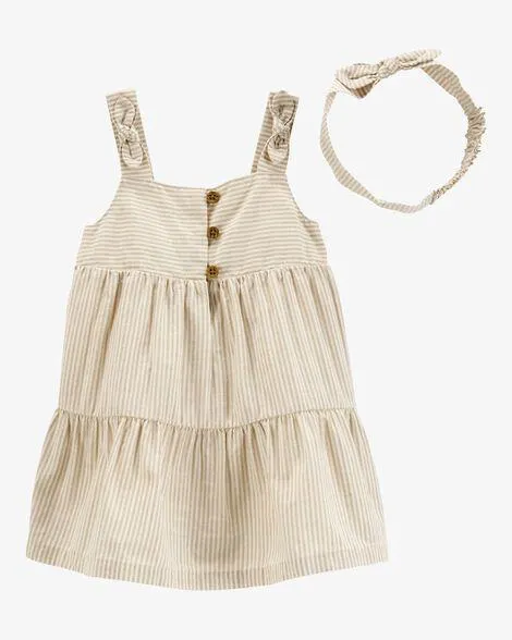 Baby Striped Cotton Dress - Tan