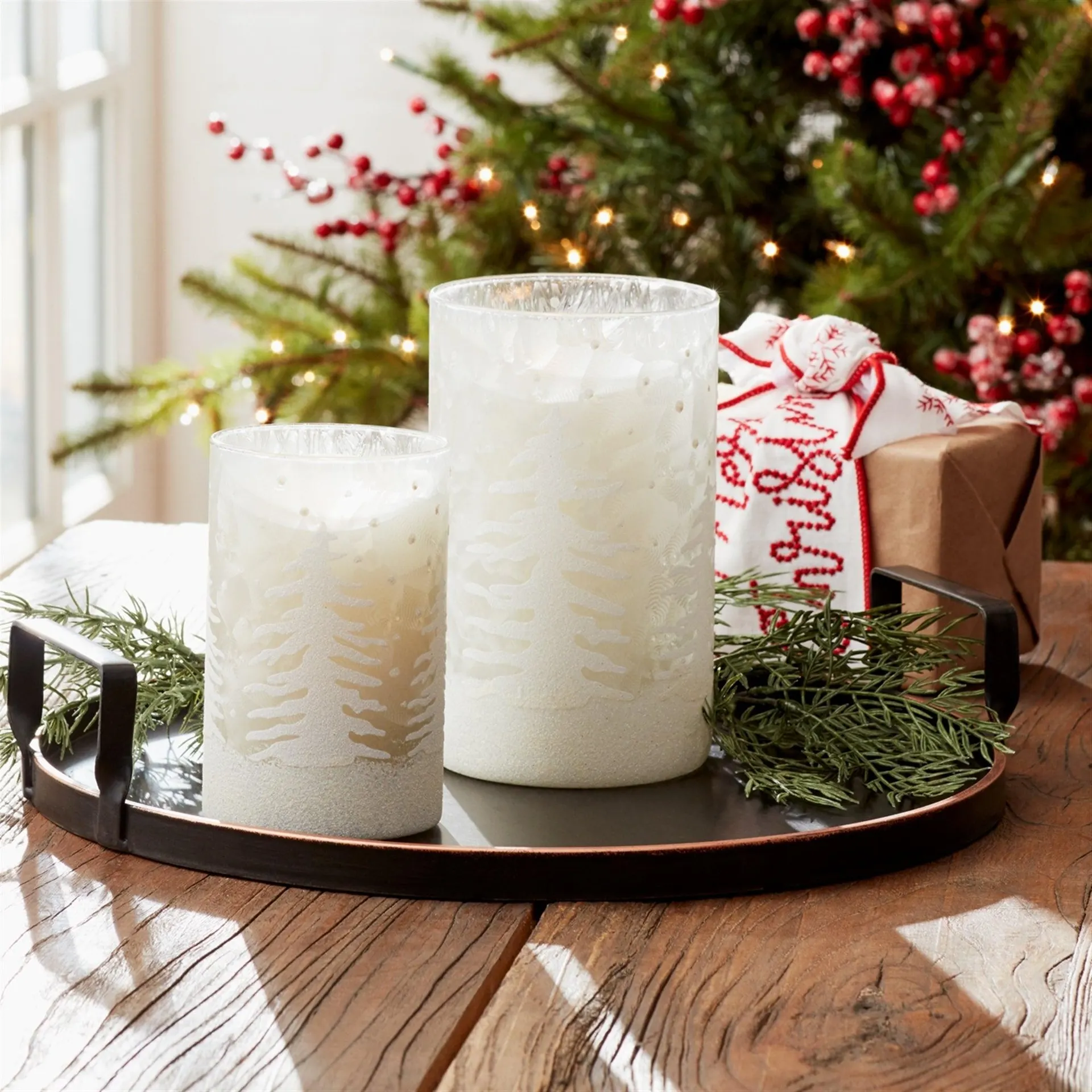 Frosted Votive Candle Holder with Snowy Forest, Set of 4