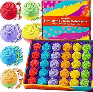 30 Rose-Shaped Bath Bombs – Handmade with Natural Ingredients, 6 Calming Scents, Relaxing Spa Gifts for Women, Men, Teens & Kids – Self Care Gifts for Summer & Birthdays