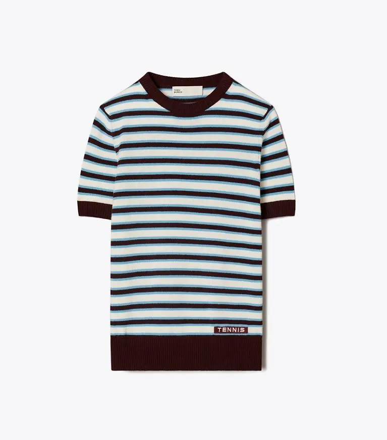 CASHMERE STRIPED SHORT-SLEEVE TENNIS SWEATER
