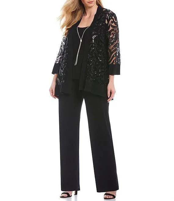 Plus Size Scoop Neck 3/4 Sleeve Swirl Sequin Jacket 2-Piece Pant Set