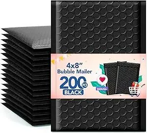 GSSUSA Black Bubble Mailers 4X8" 200 Pack, Usable Size 4X7" Padded Envelopes Small Shipping Mailer Strong Adhesion Bubble Envelope,Self-Seal Mailing Envelopes for Small Items, Business