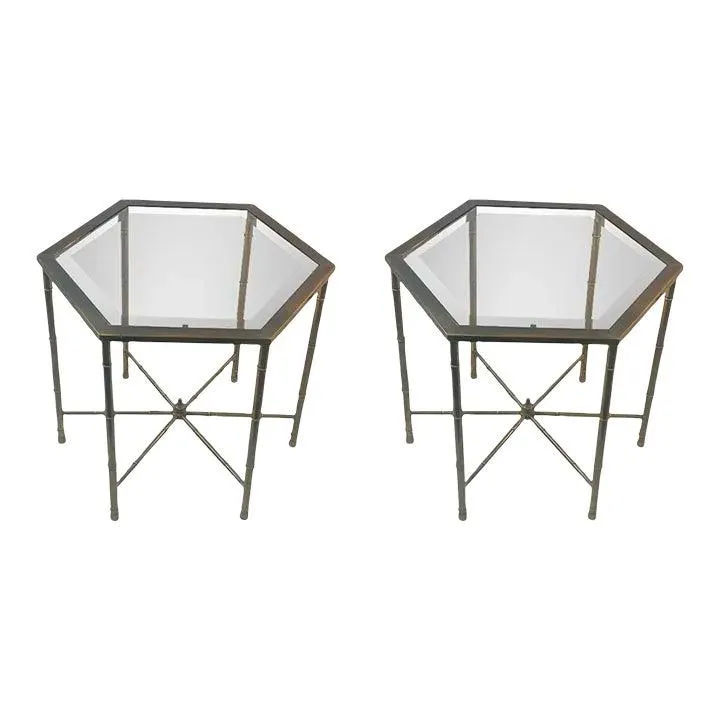 1970s Hexagonal Modern Brass Bamboo Side Tables - A Pair