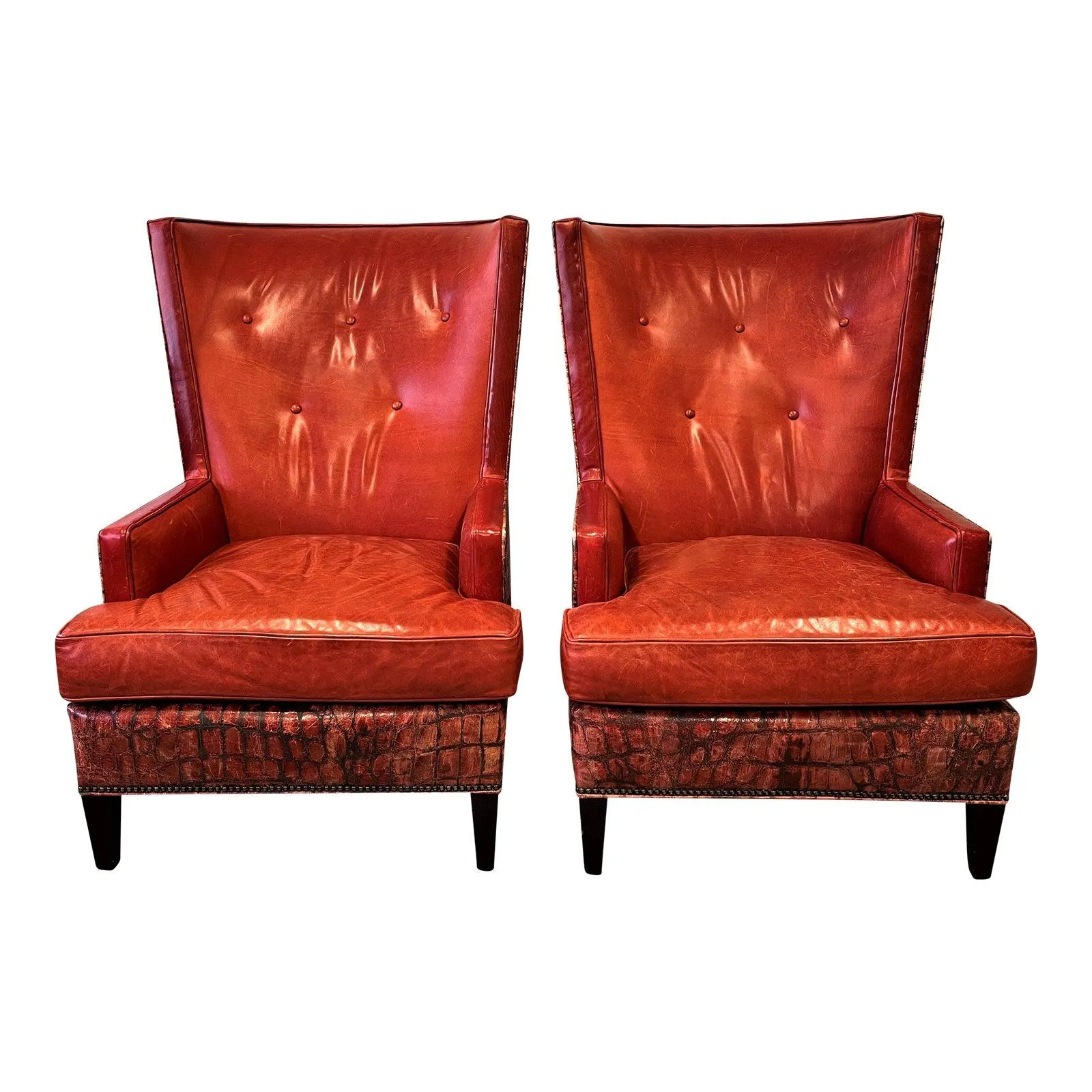Jessica Charles Red Leather Croc Embossed High Back Chairs - a Pair