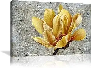 Urttiiyy Yellow Grey Flower Wall Art Abstract Gray Background Print on Canvas Home Decor Decal Pictures Poster for Bedroom Living Room Printed Painting Gifts Framed Ready to Hang - 36''x24''