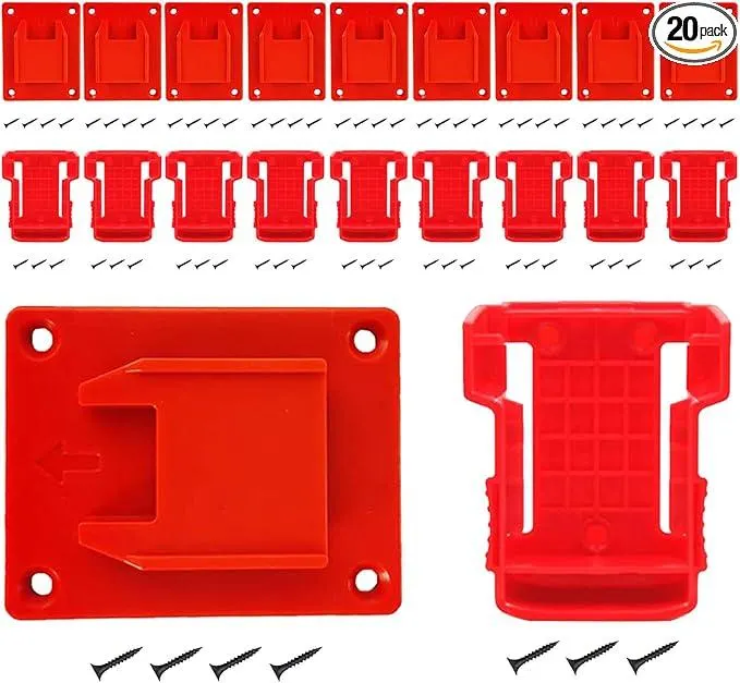 20pcs Tool Holders Battery Holders Mount for Milwaukee M18 18V Battery Drill Tool Red 10pcs tool holders and 10pcs battery holders with and 70 Screws for Power Tool