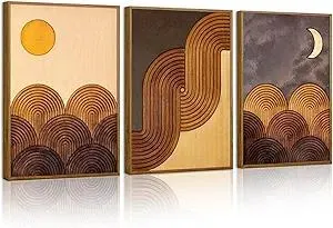 Tinonedraw Boho Mountain Framed Canvas Wall Art Set, Mid Century Modern Geometric Line Wall Decor, Bohemian Sun and Moon Art Paintings, Beige Brown Wooden Artwork for Living Room Bedroom Office 16"x24"x3