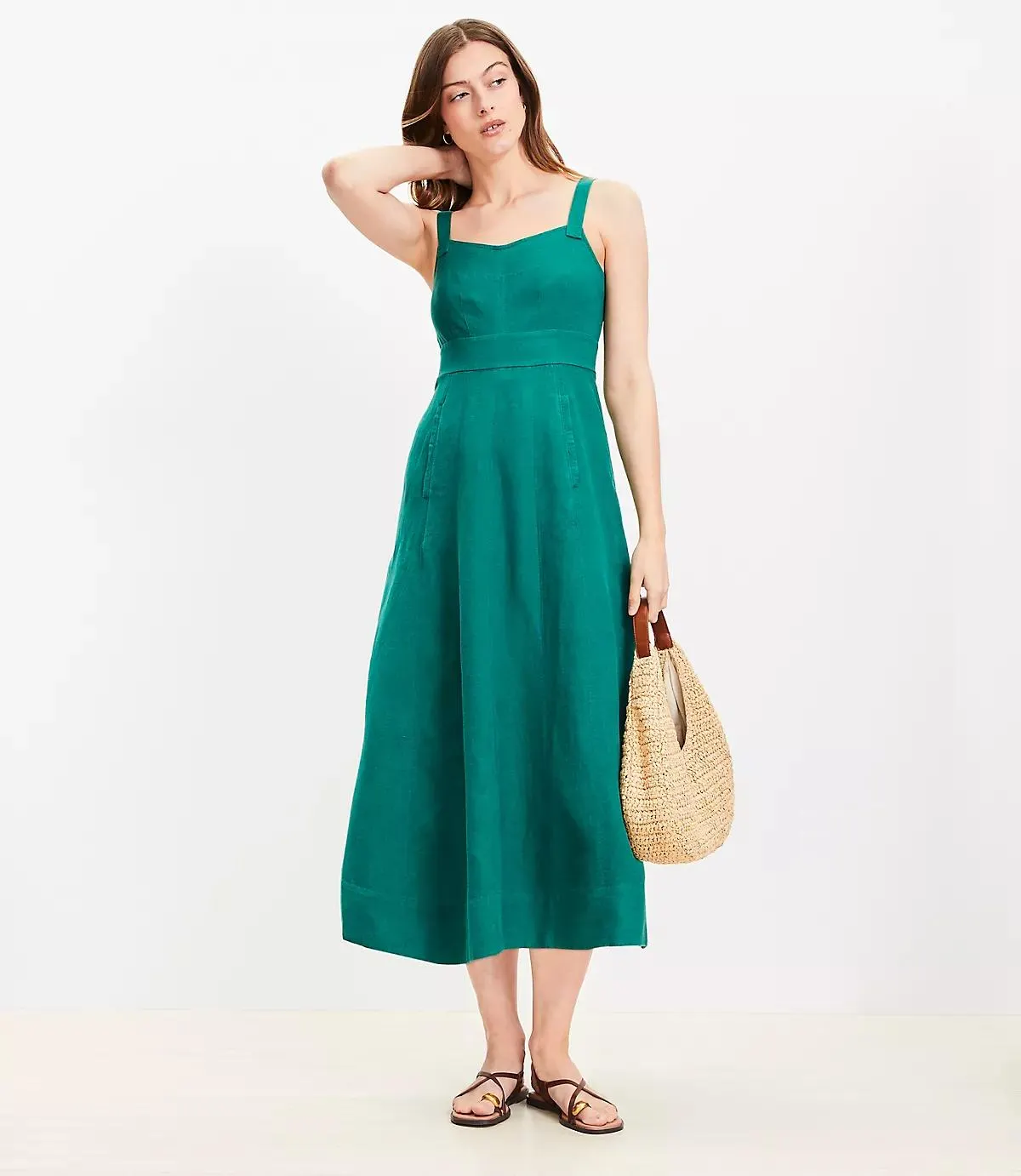 Linen Blend Seamed Midi Pocket Dress