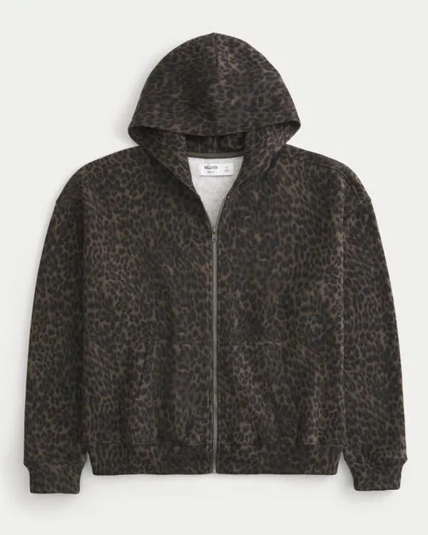 Boxy Zip-Up Leopard Print Hoodie