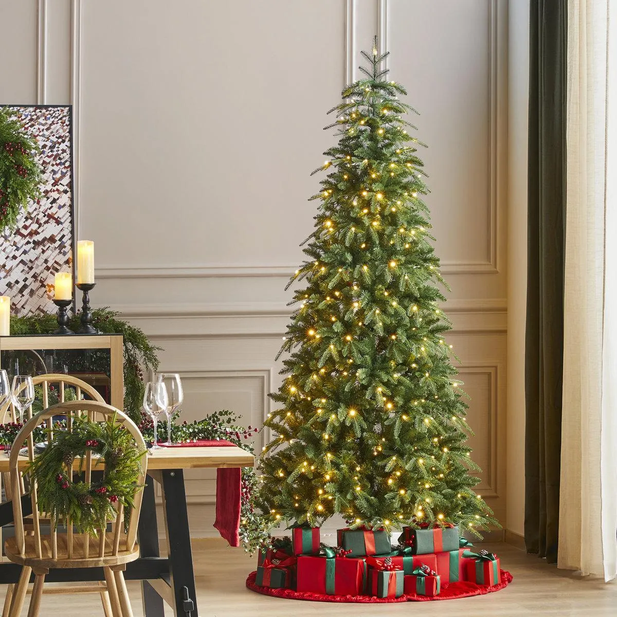 Radiant Evergreen Fir-11Ft Prelit Green Slim Fir Christmas Tree With Lights