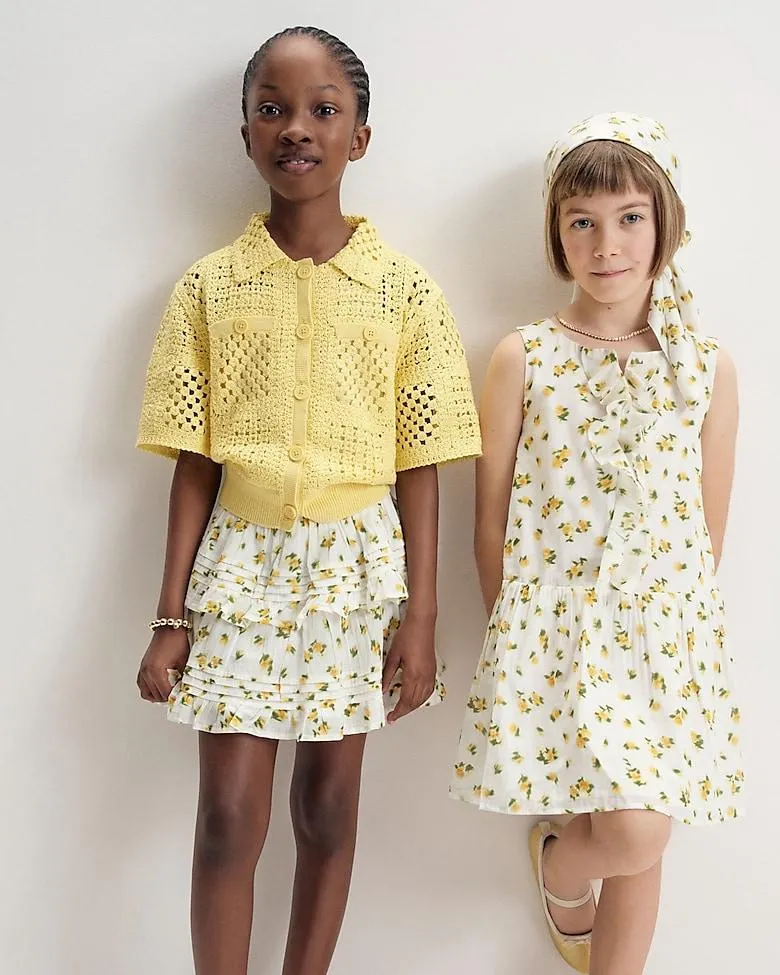 Girls' drop-waist ruffle dress in blurry rose print