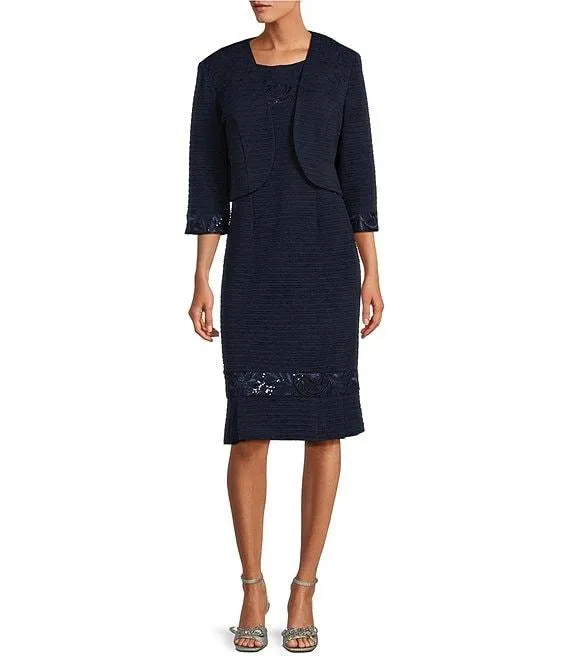 3/4 Sleeve Round Neck Embroidered Flounce Hem 2-Piece Jacket Dress