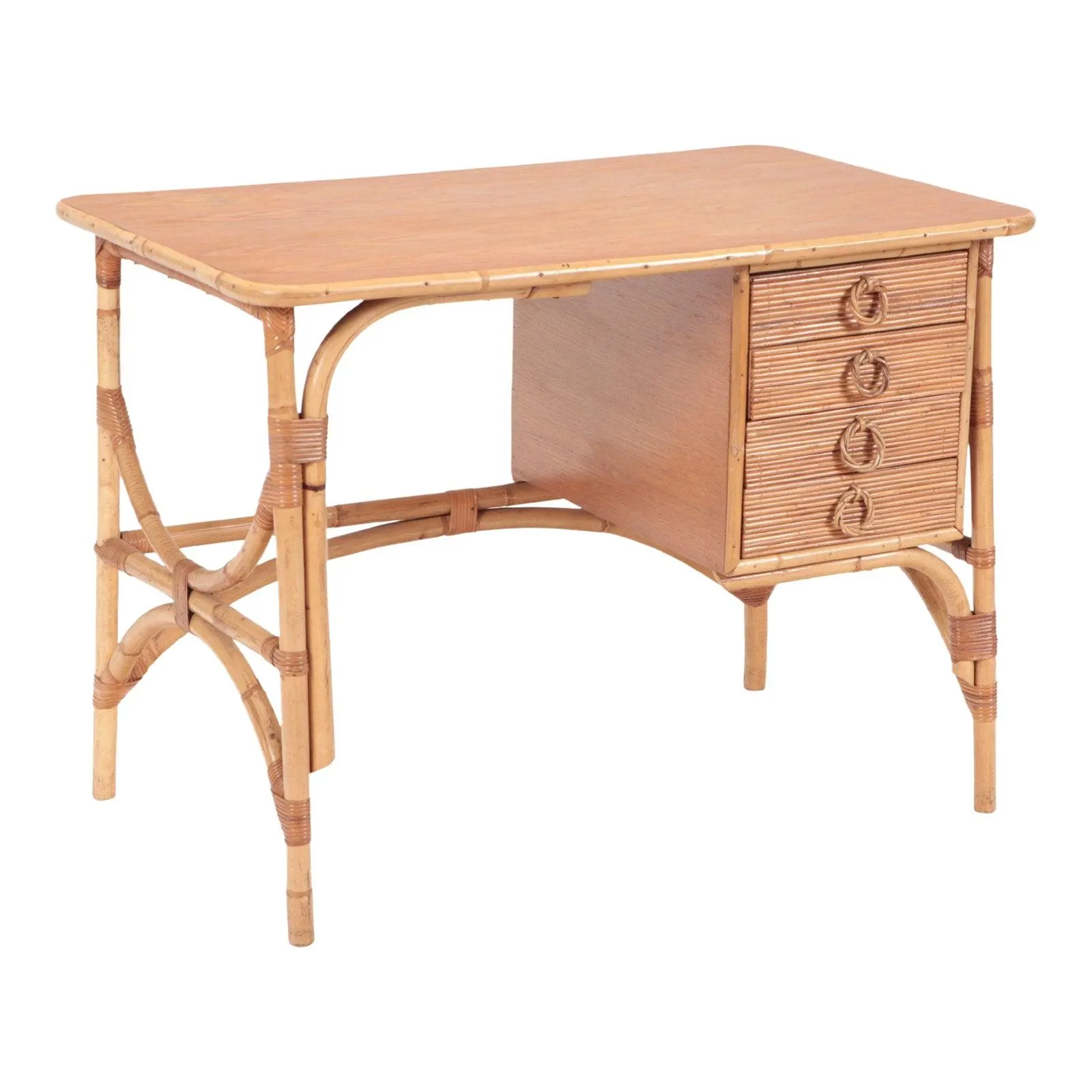 1950s Mid-Century French Four Drawers Rattan Desk
