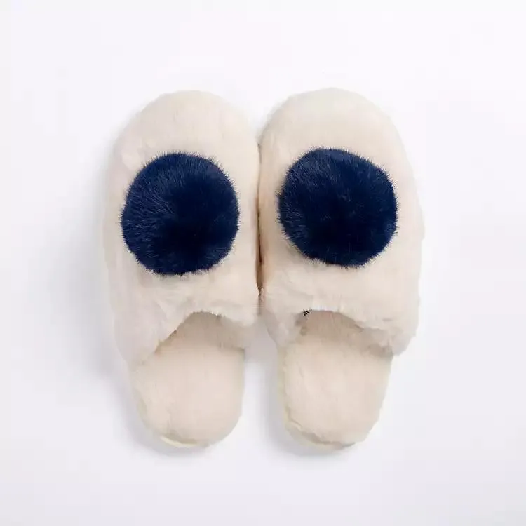 Small Navy Pom Pom Fuzzy Slippers