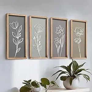 3D Wooden Floral Bathroom Wall Decor (Set of 4) Lightweight, Ready-to-Hang Framed Wall Art For Living Room, Bedroom, or Office - Premium Boho Botanical Farmhouse Decorations - Gift-Boxed